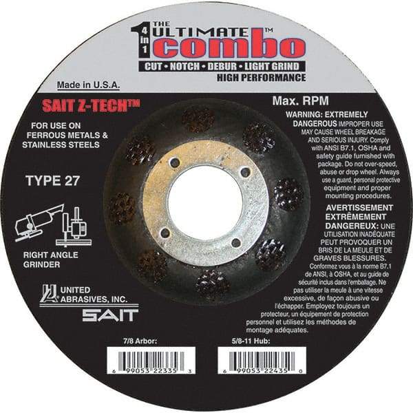 Sait - 5" Wheel Diam, 7/8" Arbor Hole, Type 27 Depressed Center Wheel - Extra Coarse Grade, Zirconia Alumina, S Hardness, 12,200 Max RPM - A1 Tooling