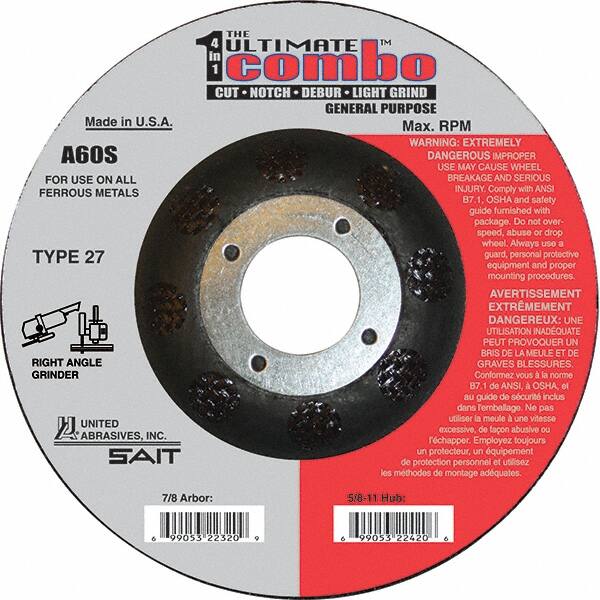 Sait - 60 Grit, 5" Wheel Diam, 7/8" Arbor Hole, Type 27 Depressed Center Wheel - Extra Coarse Grade, Aluminum Oxide, S Hardness, 12,200 Max RPM - A1 Tooling