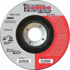 Sait - 60 Grit, 4-1/2" Wheel Diam, 7/8" Arbor Hole, Type 27 Depressed Center Wheel - Extra Coarse Grade, Aluminum Oxide, S Hardness, 13,300 Max RPM - A1 Tooling