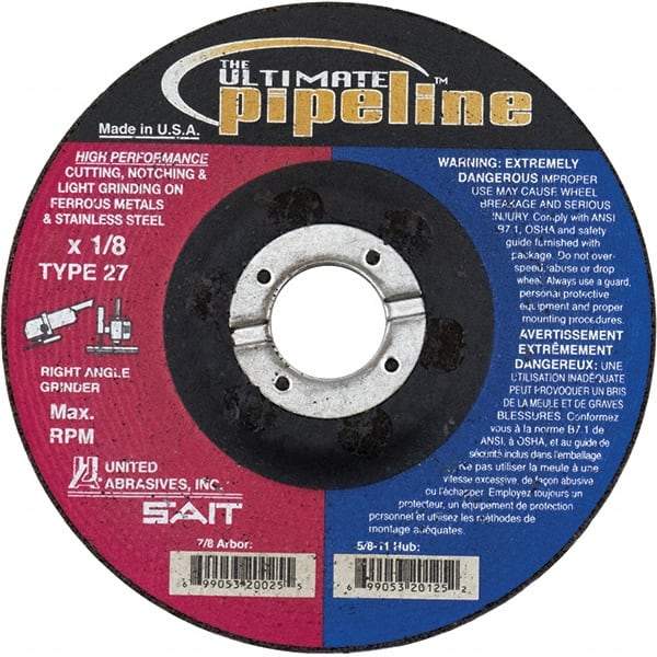 Sait - 7" Wheel Diam, 1/8" Wheel Thickness, 7/8" Arbor Hole, Type 27 Depressed Center Wheel - Extra Coarse Grade, Zirconia Alumina, T Hardness, 8,500 Max RPM - A1 Tooling