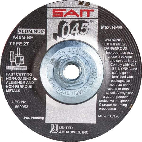 Sait - 46 Grit, 4-1/2" Wheel Diam, Type 27 Depressed Center Wheel - Extra Coarse Grade, Aluminum Oxide, N Hardness, 13,300 Max RPM - A1 Tooling