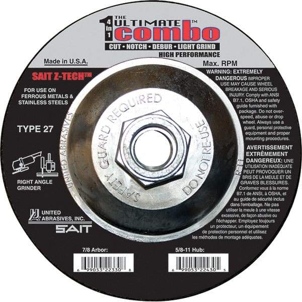 Sait - 4-1/2" Wheel Diam, Type 27 Depressed Center Wheel - Extra Coarse Grade, Zirconia Alumina, S Hardness, 13,300 Max RPM - A1 Tooling