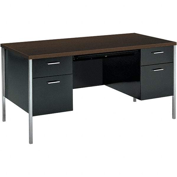 Hon - Woodgrain Laminate Double Pedestal Desk with Center Drawer - 60" Wide x 30" Deep x 29-1/2" High, Mocha/Black - A1 Tooling