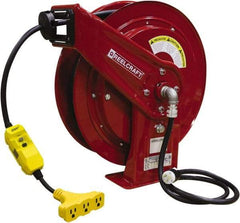 Reelcraft - 12 AWG, 100' Cable Length, Cord & Cable Reel with Triple-Tap with GFCI End - 3 Outlets, NEMA 5-15R, 15 Amps, 125 Volts, SEOOW Cable, Red Reel, Spring Driven Reel - A1 Tooling