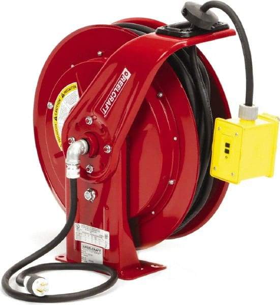 Reelcraft - 12 AWG, 100' Cable Length, Cord & Cable Reel with Duplex GFCI Outlet Box End - 2 Outlets, NEMA 5-20R, 20 Amps, 125 Volts, SEOOW Cable, Red Reel, Spring Driven Reel - A1 Tooling