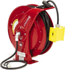 Reelcraft - 12 AWG, 100' Cable Length, Cord & Cable Reel with Duplex GFCI Outlet Box End - 2 Outlets, NEMA 5-15R, 15 Amps, 125 Volts, SEOOW Cable, Red Reel, Spring Driven Reel - A1 Tooling