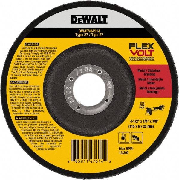 DeWALT - 4-1/2" Wheel Diam, 1/4" Wheel Thickness, 7/8" Arbor Hole, Type 27 Depressed Center Wheel - Fine/Coarse Grade, Ceramic, 13,300 Max RPM - A1 Tooling