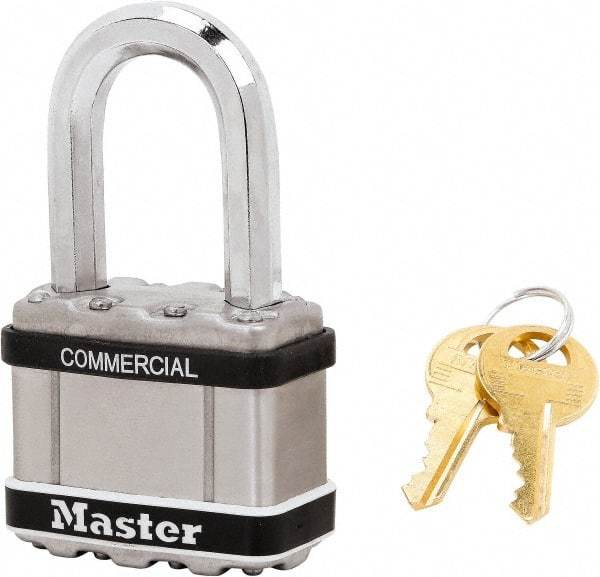 Master Lock - 1-1/2" Shackle Clearance, Keyed Alike Padlock - 3/8" Shackle Diam, Laminated Steel - A1 Tooling