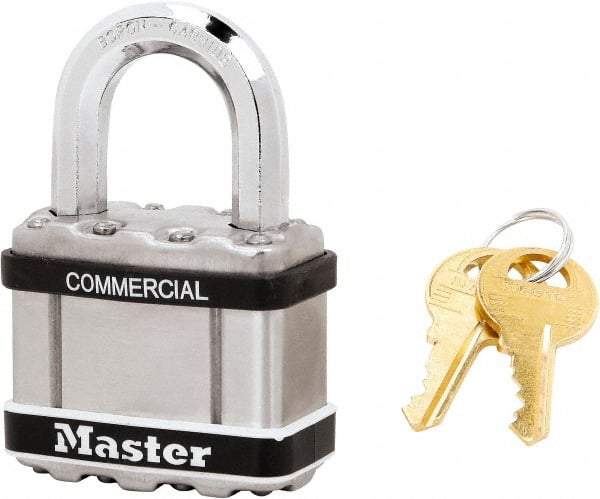 Master Lock - 1" Shackle Clearance, Keyed Alike Padlock - 3/8" Shackle Diam, Laminated Steel - A1 Tooling