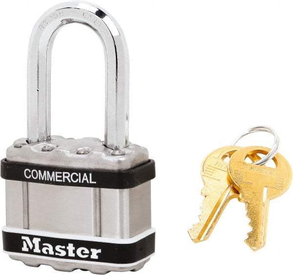 Master Lock - 1-1/2" Shackle Clearance, Keyed Alike Padlock - 5/16" Shackle Diam, Laminated Steel - A1 Tooling