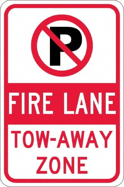 NMC - "Fire Lane Tow-Away Zone", "Strike on P", 12" Wide x 18" High, Aluminum No Parking & Tow Away Signs - 0.08" Thick, Red & Black on White, High Intensity Reflectivity, Rectangle, Post Mount - A1 Tooling