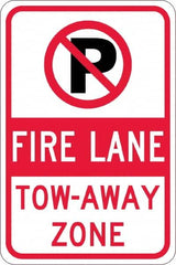 NMC - "Fire Lane Tow-Away Zone", "Strike on P", 12" Wide x 18" High, Aluminum No Parking & Tow Away Signs - 0.08" Thick, Red & Black on White, High Intensity Reflectivity, Rectangle, Post Mount - A1 Tooling