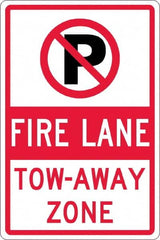 NMC - "Fire Lane Tow-Away Zone", "Strike on P", 12" Wide x 18" High, Aluminum No Parking & Tow Away Signs - 0.063" Thick, Red & Black on White, Rectangle, Post Mount - A1 Tooling