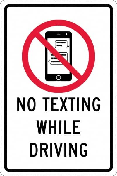 NMC - "No Texting While Driving", "Strike on Cell Phone", 12" Wide x 18" High, Aluminum Warning & Safety Reminder Signs - 0.063" Thick, Red & Black on White, Rectangle, Post Mount - A1 Tooling