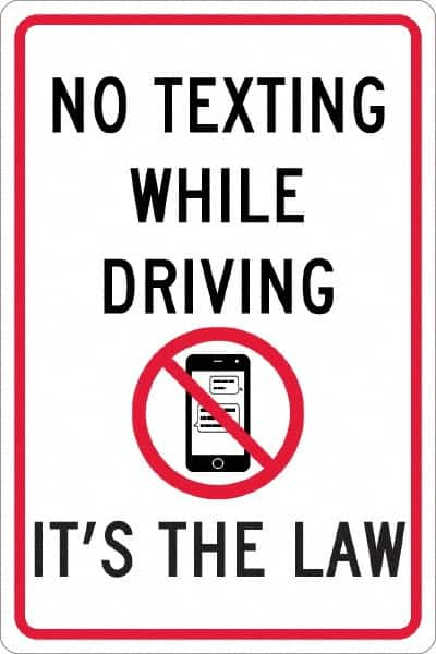 NMC - "No Texting While Driving It's The Law", "Strike on Cell Phone", 12" Wide x 18" High, Aluminum Warning & Safety Reminder Signs - 0.063" Thick, Red & Black on White, Rectangle, Post Mount - A1 Tooling