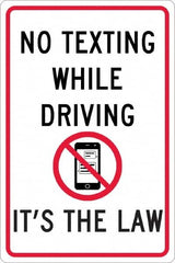 NMC - "No Texting While Driving It's The Law", "Strike on Cell Phone", 12" Wide x 18" High, Aluminum Warning & Safety Reminder Signs - 0.063" Thick, Red & Black on White, Rectangle, Post Mount - A1 Tooling