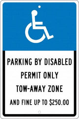 NMC - "Parking By Disabled Permit Only Tow-Away Zone And Fine Up To $250", "Handicap Symbol", 12" Wide x 18" High, Aluminum ADA Signs - 0.063" Thick, White on Blue, Rectangle, Post Mount - A1 Tooling