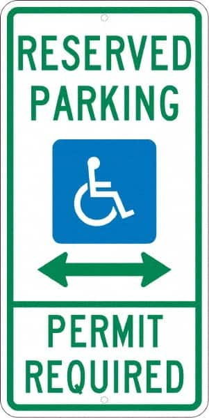 NMC - "Reserved Parking Permit Required", "Handicap Symbol", 12" Wide x 24" High, Aluminum ADA Signs - 0.08" Thick, Green & Blue on White, Engineer Grade Reflectivity, Rectangle, Post Mount - A1 Tooling