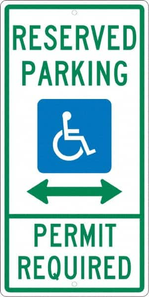 NMC - "Reserved Parking Permit Required", "Handicap Symbol", 12" Wide x 24" High, Aluminum ADA Signs - 0.063" Thick, Green & Blue on White, Rectangle, Post Mount - A1 Tooling