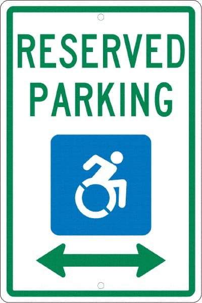 NMC - "Reserved Parking", "Handicap Symbol", 12" Wide x 18" High, Aluminum ADA Signs - 0.063" Thick, Green & Blue on White, Rectangle, Post Mount - A1 Tooling