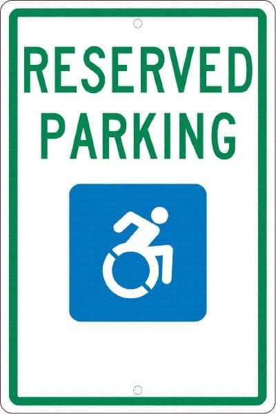 NMC - "Reserved Parking", "Handicap Symbol", 12" Wide x 18" High, Aluminum ADA Signs - 0.063" Thick, Green & Blue on White, Rectangle, Post Mount - A1 Tooling