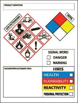 NMC - Hazardous Materials Label, Header: WARNING - Legend: GHS - Graphic, English, White, Red, Blue, Yellow & Black, 3" Long x 4" High, No Coating - A1 Tooling