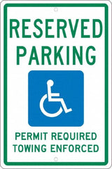 NMC - "Reserved Parking Permit Required Towing Enforced", "Handicap Symbol", 12" Wide x 18" High, Aluminum Reserved Parking Signs - 0.063" Thick, Green & Blue on White, Rectangle, Post Mount - A1 Tooling