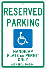 NMC - "Reserved Parking Handicap Plate Or Permit Only A.R.S SEC 28-884", "Handicap Symbol", 12" Wide x 18" High, Aluminum Reserved Parking Signs - 0.063" Thick, Green & Blue on White, Rectangle, Post Mount - A1 Tooling