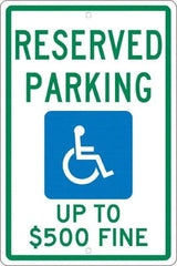 NMC - "Reserved Parking Up To $500 Fine", "Handicap Symbol", 12" Wide x 18" High, Aluminum ADA Signs - 0.063" Thick, Green & Blue on White, Rectangle, Post Mount - A1 Tooling