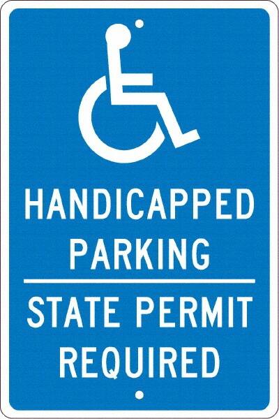 NMC - "Handicapped Parking State Permit Required", "Handicap Symbol", 12" Wide x 18" High, Aluminum ADA Signs - 0.063" Thick, White on Blue, Rectangle, Post Mount - A1 Tooling