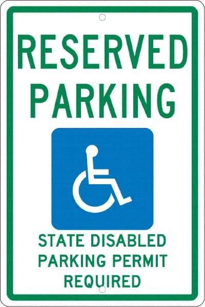 NMC - "Reserved Parking State Disabled Parking Permit Required", "Handicap Symbol", 12" Wide x 18" High, Aluminum ADA Signs - 0.063" Thick, Green & Blue on White, Rectangle, Post Mount - A1 Tooling