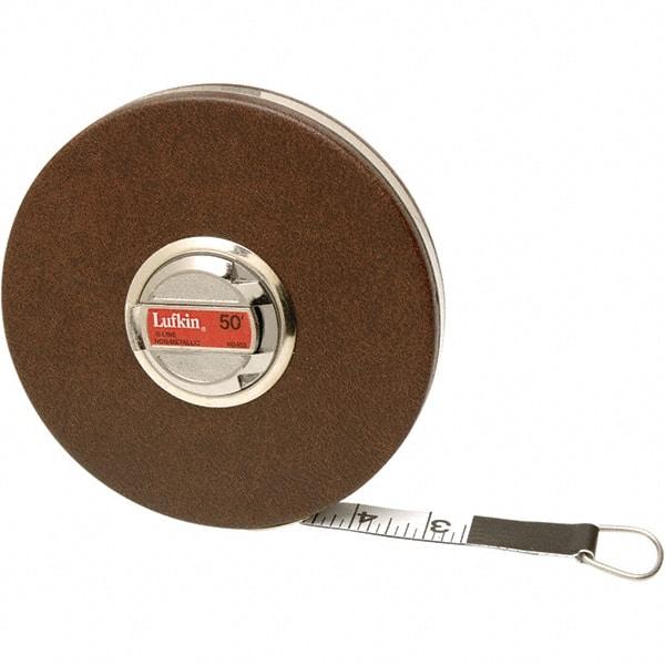 Lufkin - 50' x 5/8" White Fiberglass Blade Tape Measure - 1, 1/10 & 1/100" Graduation, Inch Graduation Style, Brown Vinyl Clad Steel Case - A1 Tooling