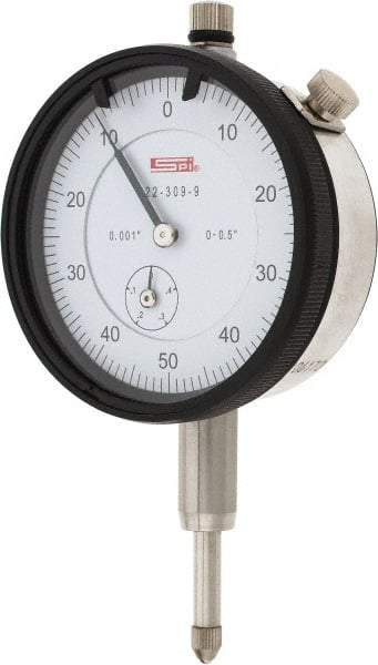 SPI - 1/2" Range, 0-50-0 Dial Reading, 0.001" Graduation Dial Drop Indicator - 2.2" Dial, 0.1" Range per Revolution, 0.002" Accuracy, Revolution Counter, Includes NIST Traceability Certification - A1 Tooling