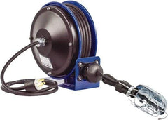 CoxReels - 16 AWG, 30' Cable Length, Cord & Cable Reel with Incandescent Hand Lamp with Tool Tap Plug End - 1 Outlet, NEMA 5-15R, 13 Amps, 115 Volts, SJTO Cable, Blue Reel, Spring Driven Reel - A1 Tooling