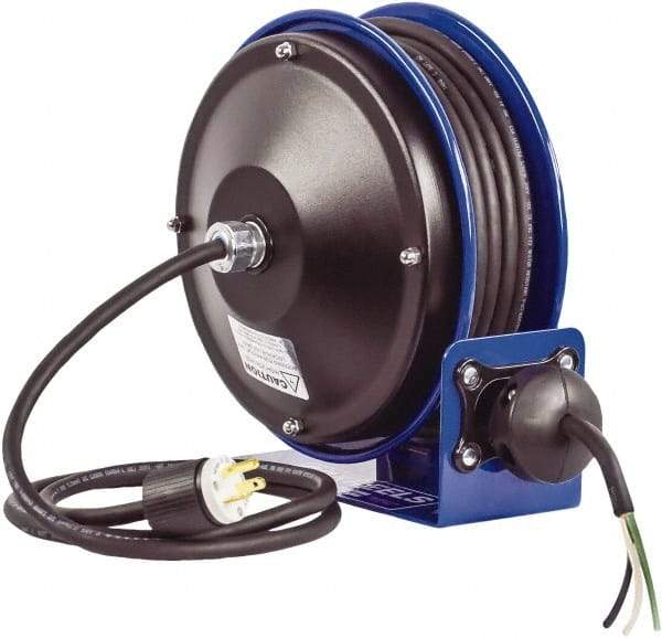 CoxReels - 16 AWG, 30' Cable Length, Cord & Cable Reel with Bare End - 0 Outlets, 13 Amps, 300 Volts, SJO Cable, Blue Reel, Spring Driven Reel - A1 Tooling