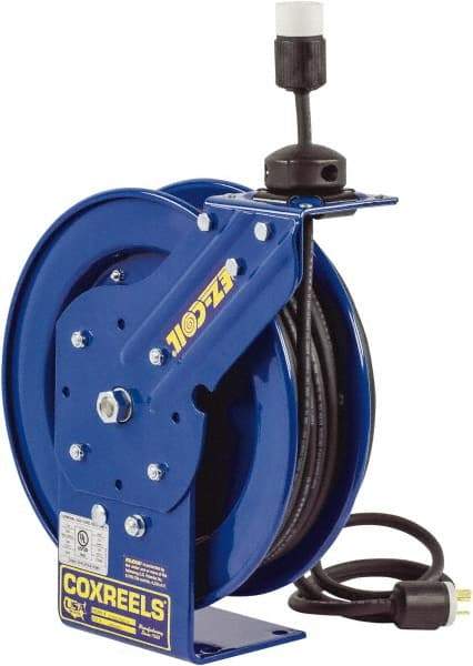 CoxReels - 16 AWG, 50' Cable Length, Cord & Cable Reel with Outlet End - 1 Outlet, NEMA 5-15R, 13 Amps, 115 Volts, SJO Cable, Blue Reel, Spring Driven Reel - A1 Tooling