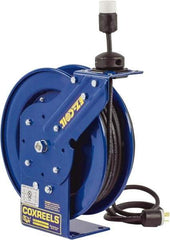 CoxReels - 16 AWG, 50' Cable Length, Cord & Cable Reel with Fluorescent Angle Light with Tool Tap Plug End - 1 Outlet, 13 Amps, 115 Volts, SJTO Cable, Blue Reel, Spring Driven Reel - A1 Tooling