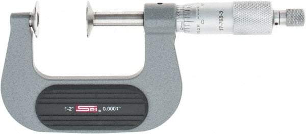 SPI - 1 to 2", Ratchet Stop Thimble, Mechanical Disc Micrometer - 0.0002" Accuracy, 0.79" Disc, 0.0001" Resolution, 0.31" Spindle Diam, Steel Face, NIST Traceability Certification Included - A1 Tooling