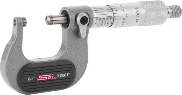 SPI - Mechanical, 0 to 1" Measurement, Painted Finish Carbide Face Ball Anvil Micrometer - 0.0001" Graduation, Ratchet Stop Thimble - A1 Tooling