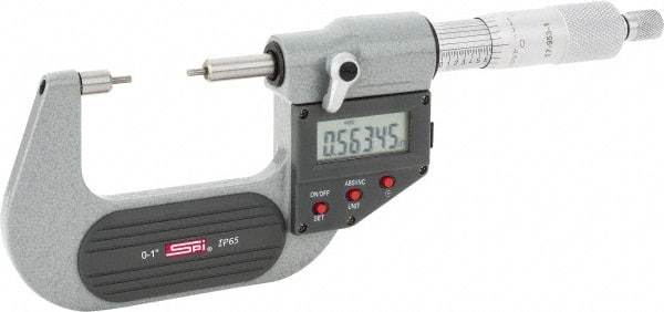 SPI - 0 to 1 Inch, 1.26 Inch Throat Depth, Electronic Spline Micrometer - 0.0001 Inch Accuracy, 0.00005 Inch Graduation, 0.25 Inch Spindle Diameter, 2mm Head Diameter, Ratchet Stop Thimble, Data Output - A1 Tooling