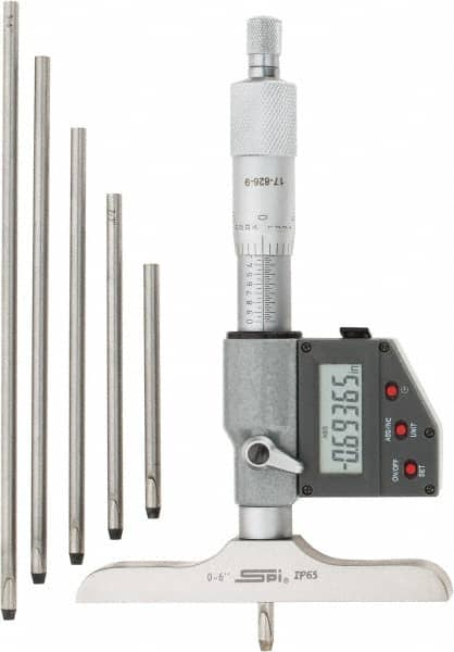 SPI - 0 to 150mm Range, 4" Base Length, 6 Rods, Ratchet Stop Thimble, Electronic Depth Micrometer - IP65, 0.00005" Resolution, Accurate to 0.005mm, 0.176" Rod Diam, LR44 Battery, Data Output - A1 Tooling