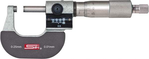 SPI - 0 to 25mm Range, 0.01mm Graduation, Mechanical Outside Micrometer - Ratchet Stop Thimble, 24mm Throat Depth, Accurate to 0.004mm, Digital Counter - A1 Tooling