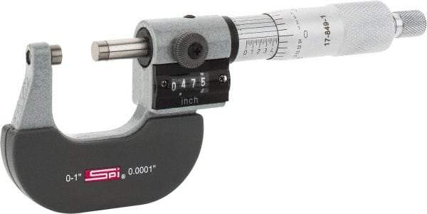 SPI - 0 to 1" Range, 0.0001" Graduation, Mechanical Outside Micrometer - Ratchet Stop Thimble, 0.95" Throat Depth, Accurate to 0.0001", Digital Counter - A1 Tooling