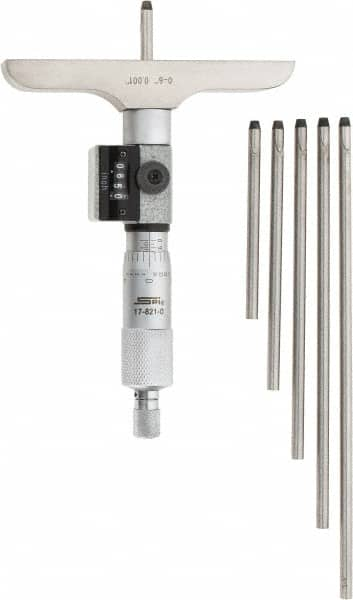 SPI - 0 to 6" Range, 6 Rod, Mechanical Depth Micrometer - Ratchet Stop Thimble, 4" Base Length, 0.001" Graduation, 4.5mm Rod Diam - A1 Tooling