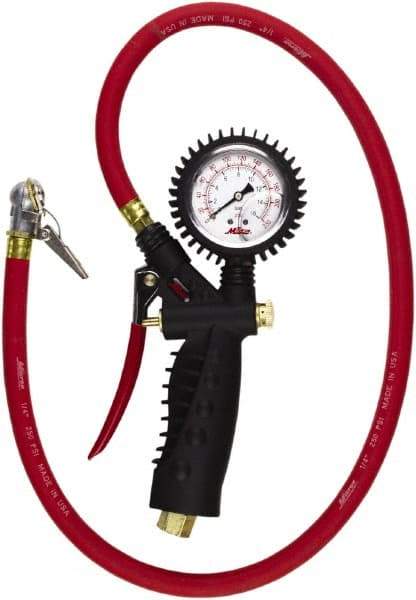 Milton - 0 to 230 psi Dial Ball Foot with Clip Tire Pressure Gauge - 36' Hose Length - A1 Tooling