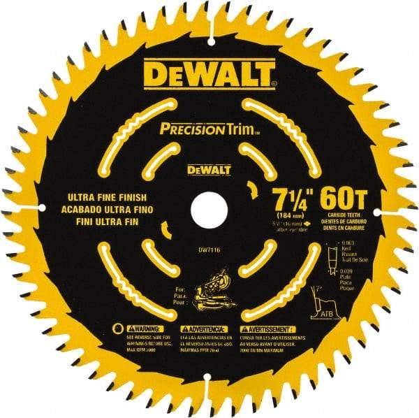 DeWALT - 7-1/4" Diam, 5/8" Arbor Hole Diam, 60 Tooth Wet & Dry Cut Saw Blade - Tungsten Carbide-Tipped, Smooth Action, Standard Round Arbor - A1 Tooling