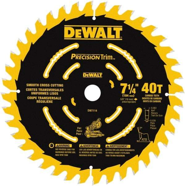 DeWALT - 7-1/4" Diam, 5/8" Arbor Hole Diam, 40 Tooth Wet & Dry Cut Saw Blade - Tungsten Carbide-Tipped, Smooth Action, Standard Round Arbor - A1 Tooling