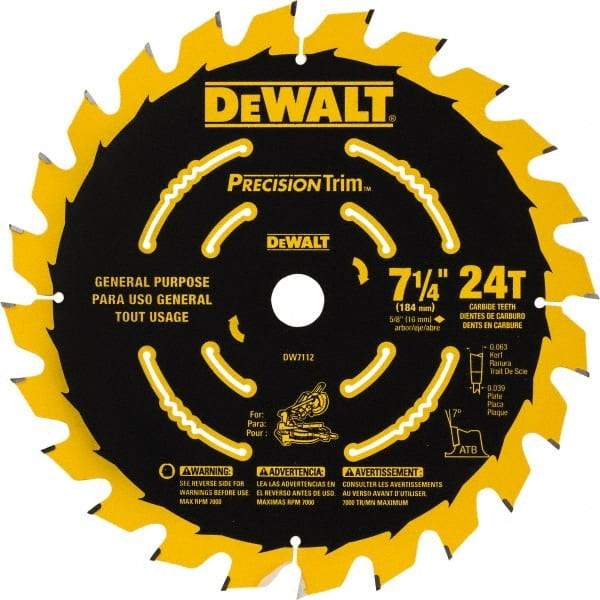 DeWALT - 7-1/4" Diam, 5/8" Arbor Hole Diam, 24 Tooth Wet & Dry Cut Saw Blade - Tungsten Carbide-Tipped, Smooth Action, Standard Round Arbor - A1 Tooling