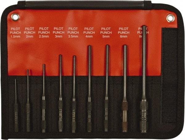 Mayhew - 9 Piece, 1.5 to 8mm, Pin & Pilot Punch Set - Hex Shank, Steel, Comes in Kit Bag - A1 Tooling