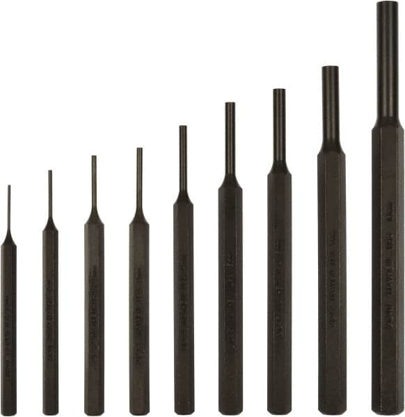 Mayhew - 9 Piece, 1.5 to 10mm, Pin Punch Set - Hex Shank, Steel, Comes in Kit Bag - A1 Tooling